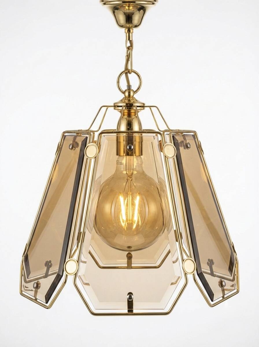 Pair of vintage pendant lights in smoked glass and gold metal, Hollywood style.