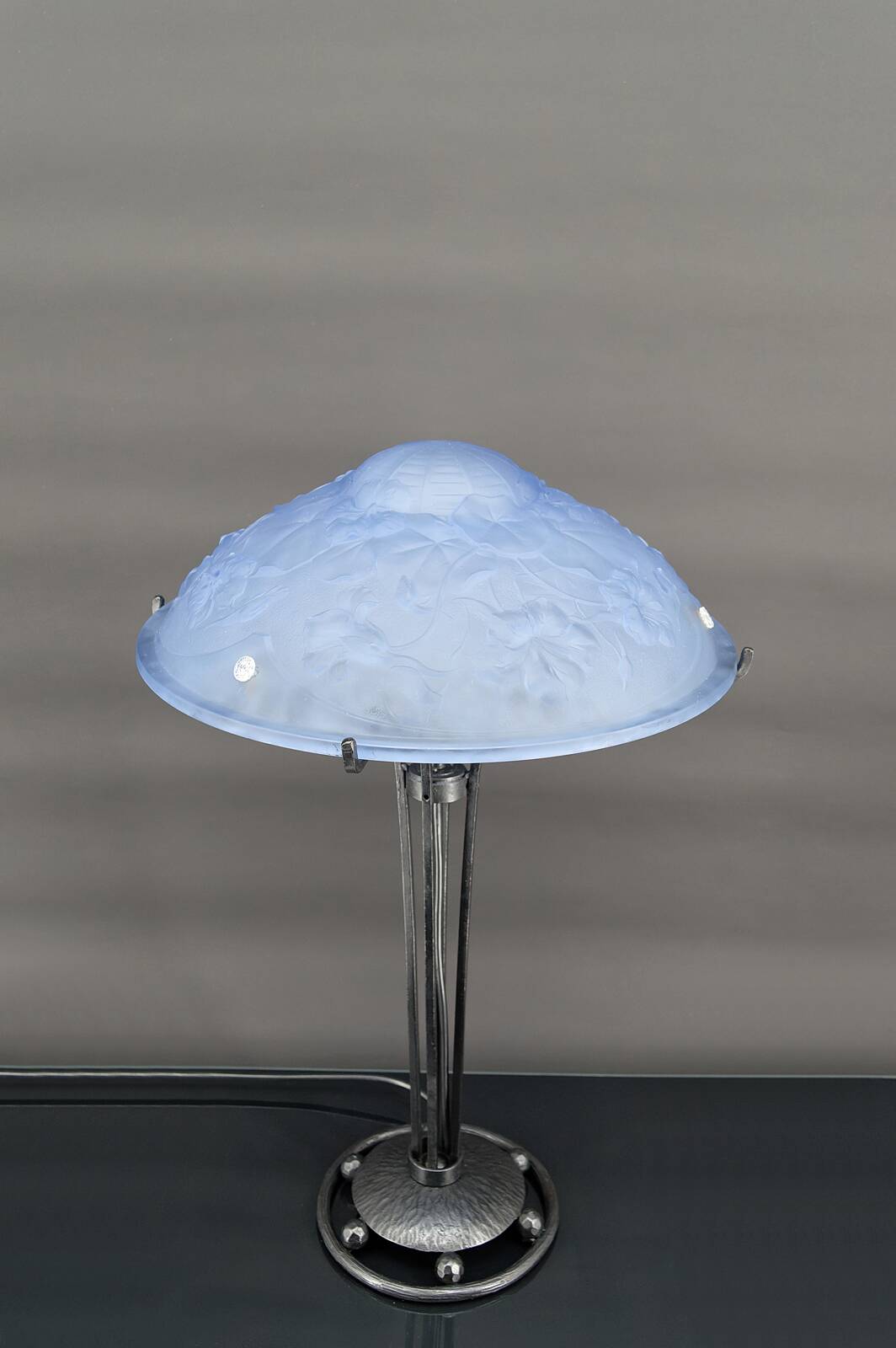 Wrought iron lamp and blue glass lampshade with clematis, France, Art Deco, circa 1920