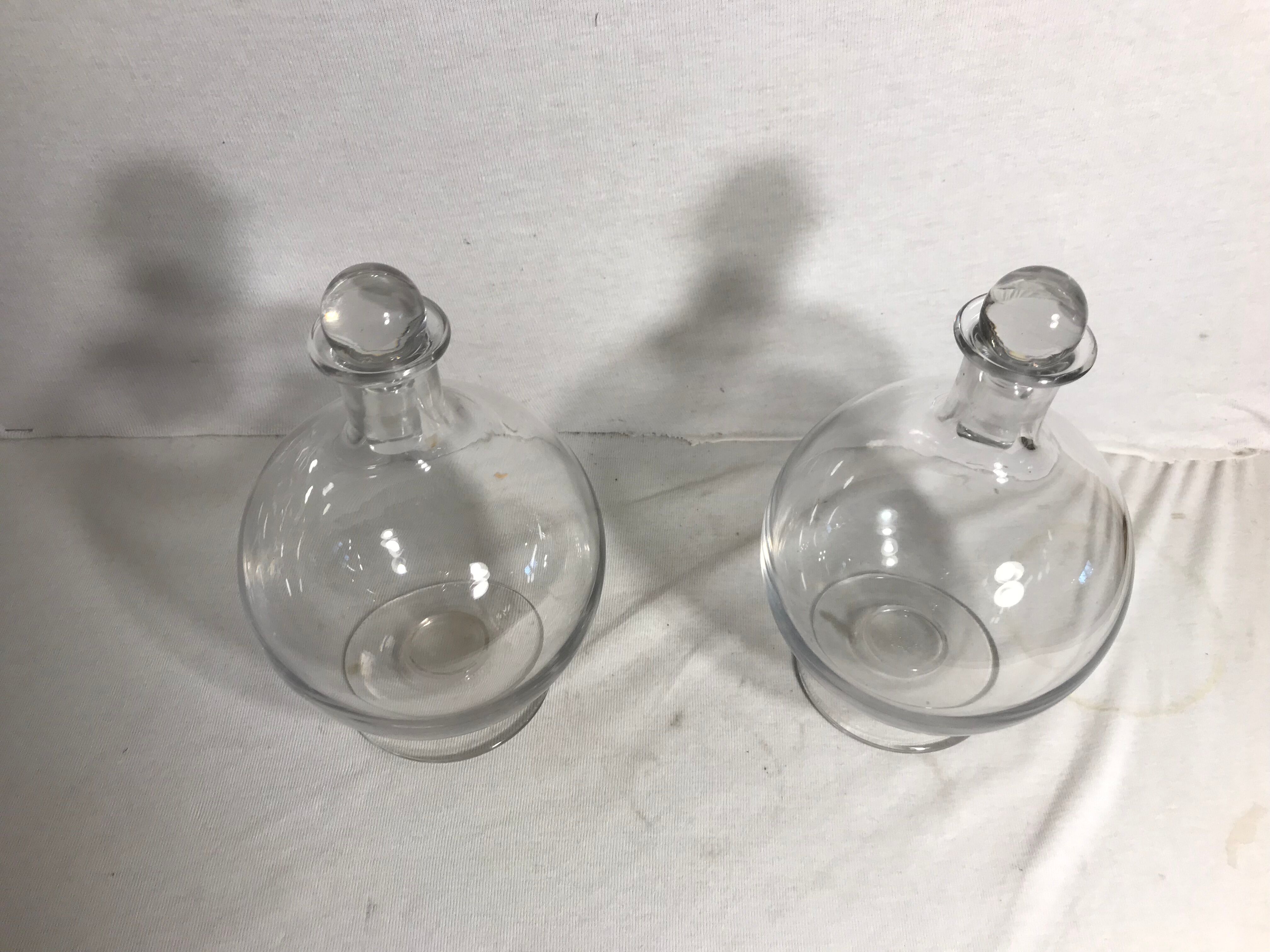 Pair Old Carafe Bombée Glass - Vintage Round Bouchon