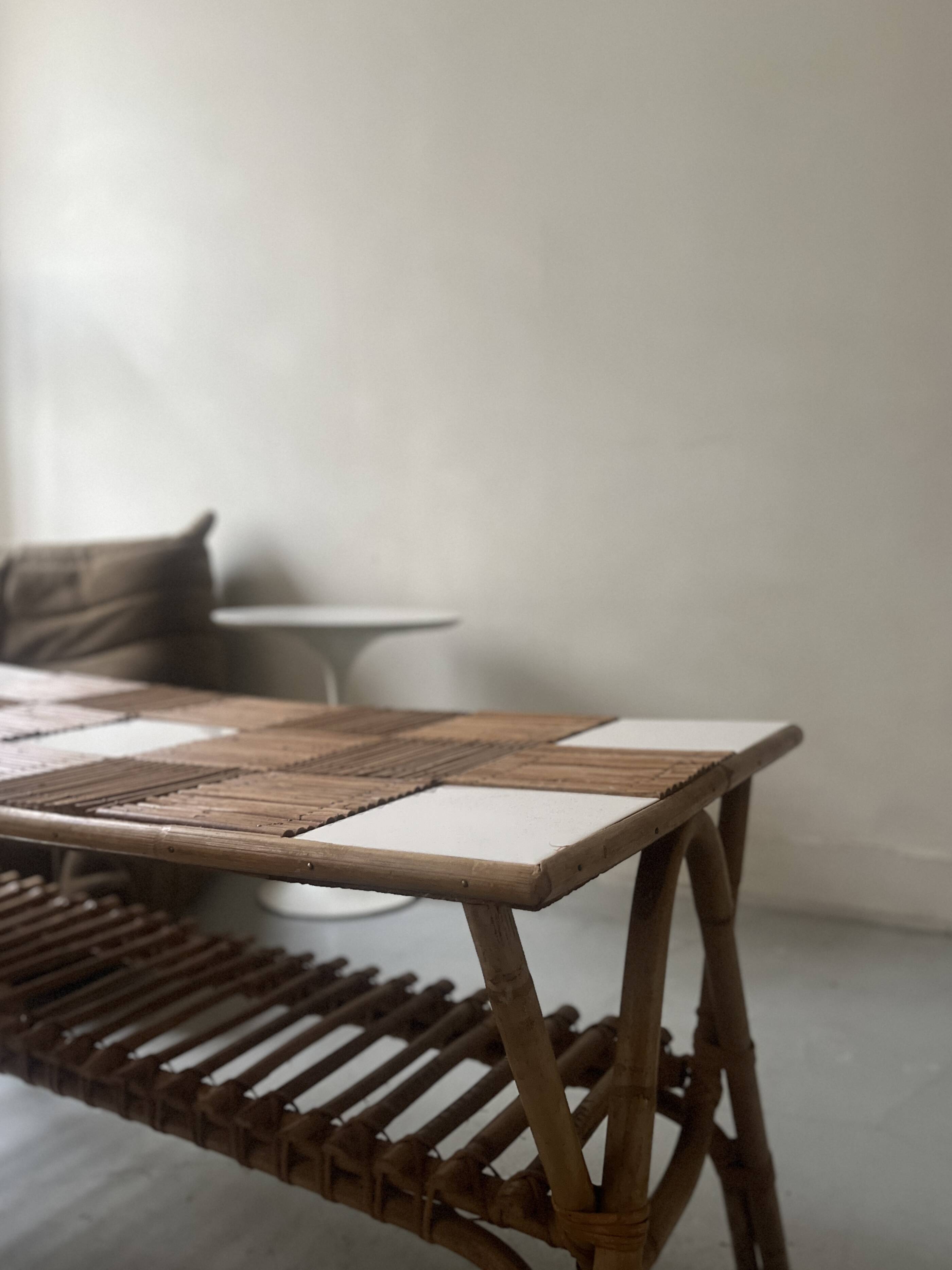 Large Audoux style coffee table in bamboo, rattan & ceramic, France 60