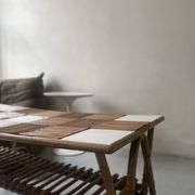 Large Audoux style coffee table in bamboo, rattan & ceramic, France 60