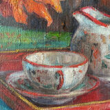 HST painting signed Aimée Beylot "Still life with flowers and porcelain" circa 1950