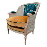 Cane and velvet armchair