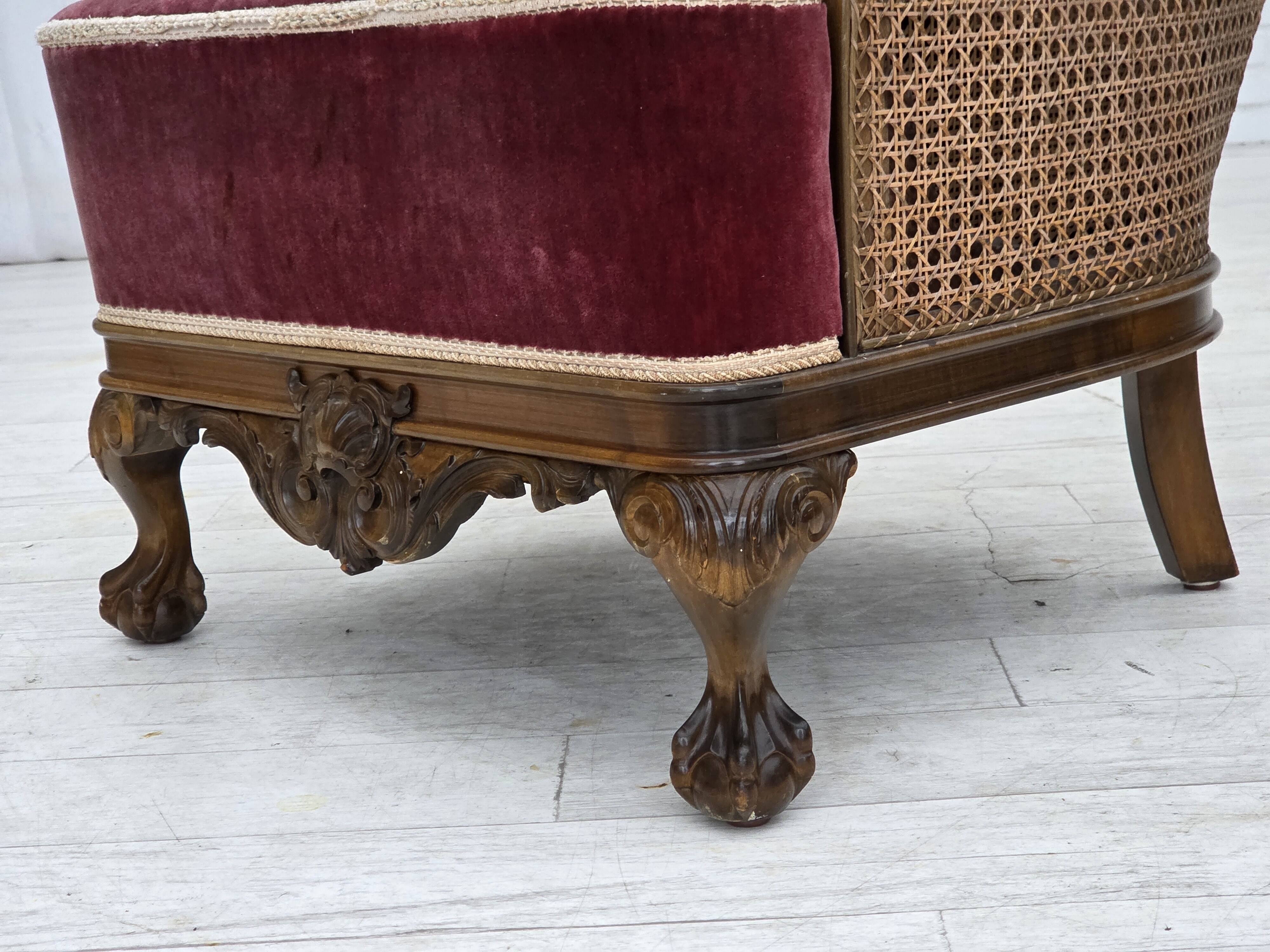 1940s, Danish armchair, woven wool, velour, mesh, carved oak wood.