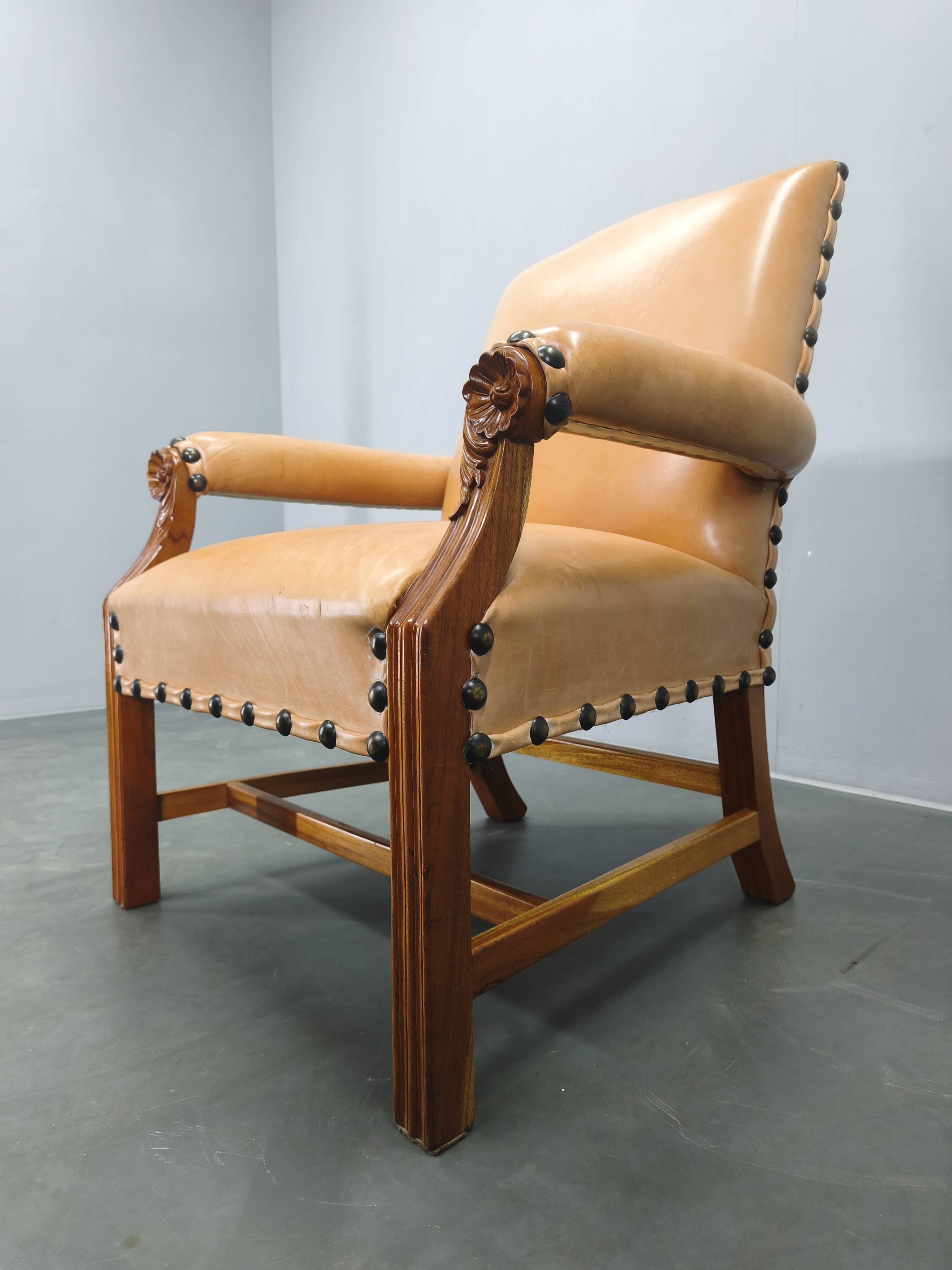Antique Danish Leather Armchair Carved Wood Club Chair, Early 1900s