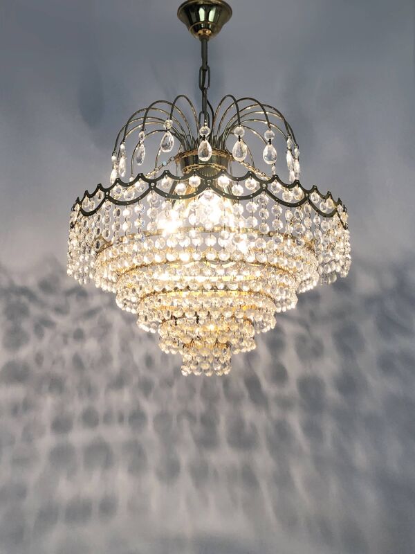 Ancien lustre, plafonnier couronne en laiton, 6 étages, 3 feux, Années 70 80