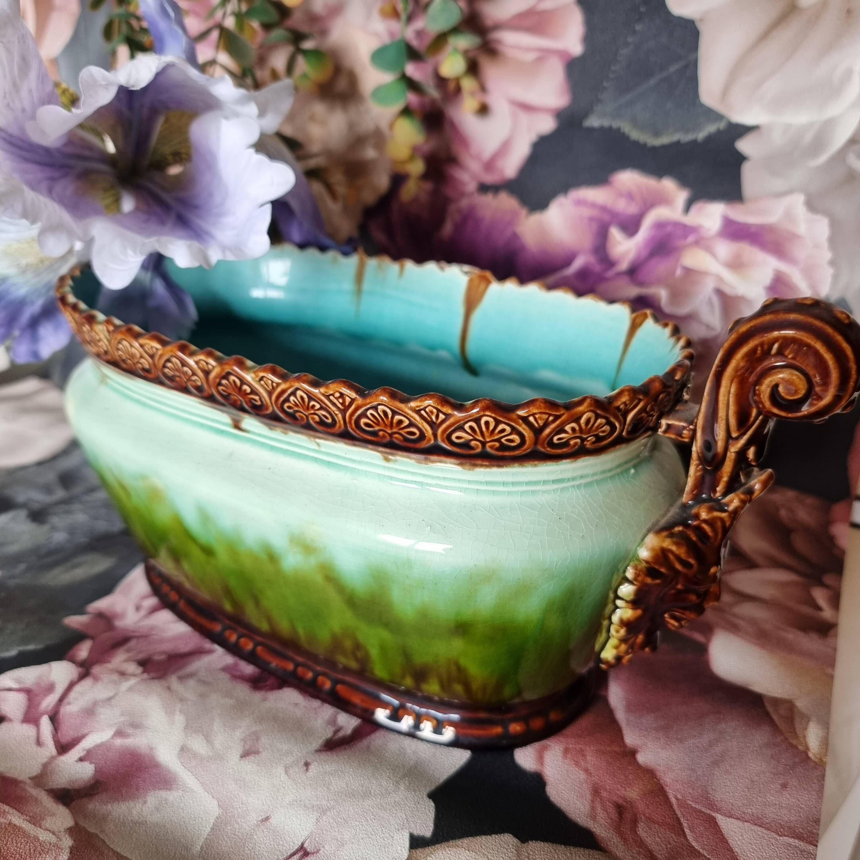 19th century French Art Nouveau planter in barbonite ceramic and m
