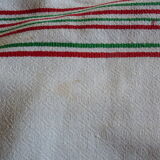 Nappe ancienne 1920/1930 lin beige losanges et rayures rouges et vertes + serviettes