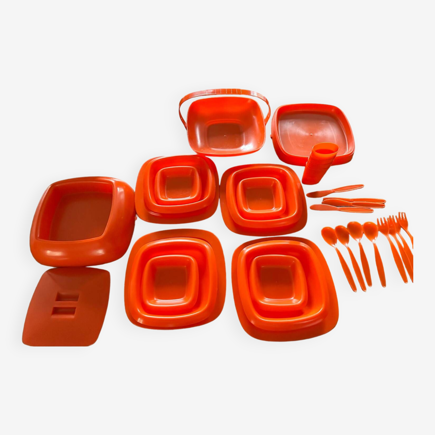 Set de pique-nique vintage en plastique orange, année 70