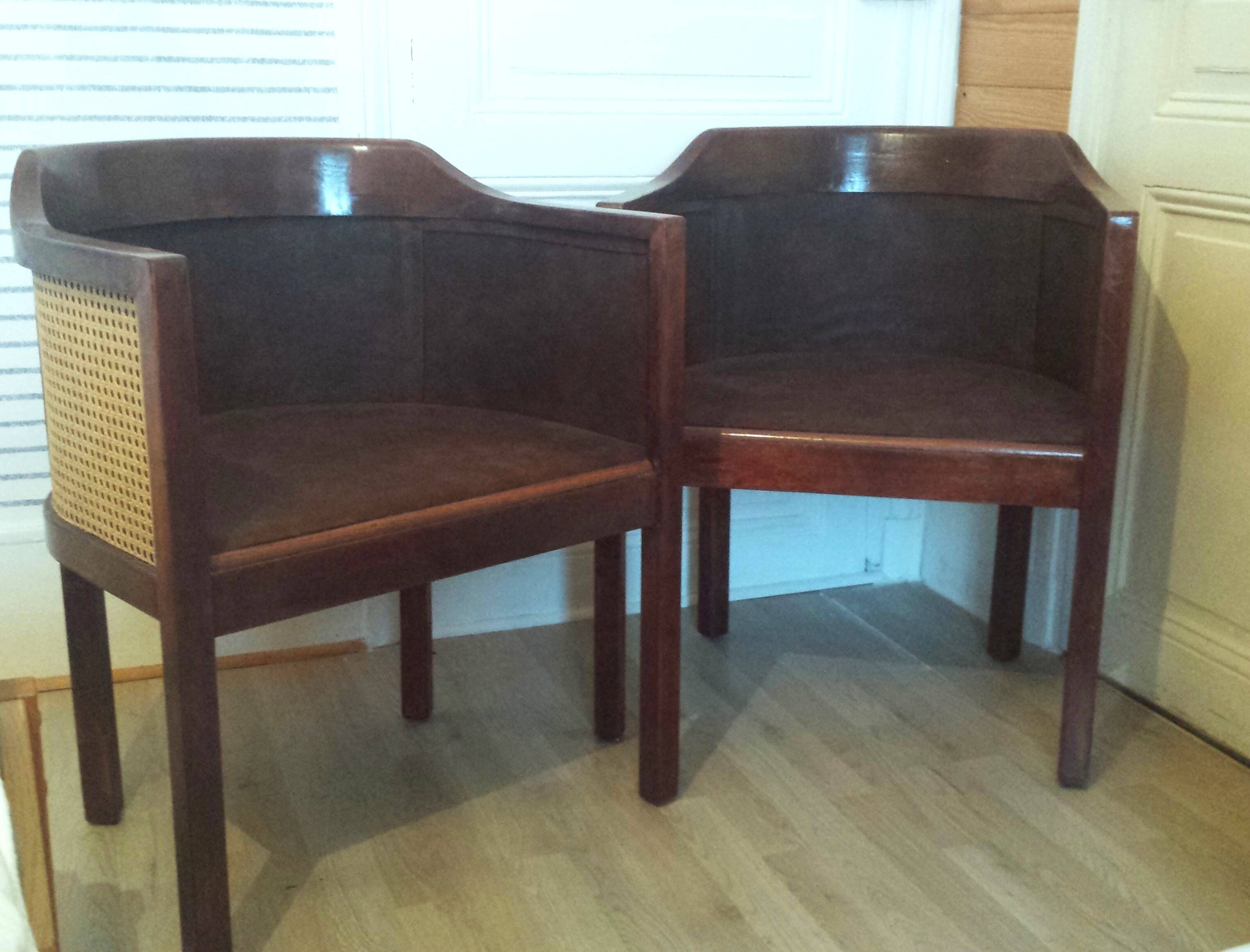 Art Deco style armchairs, wood and cane
