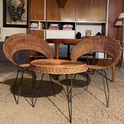 Set of 2 wicker armchairs and coffee table Raoul Guy 1950