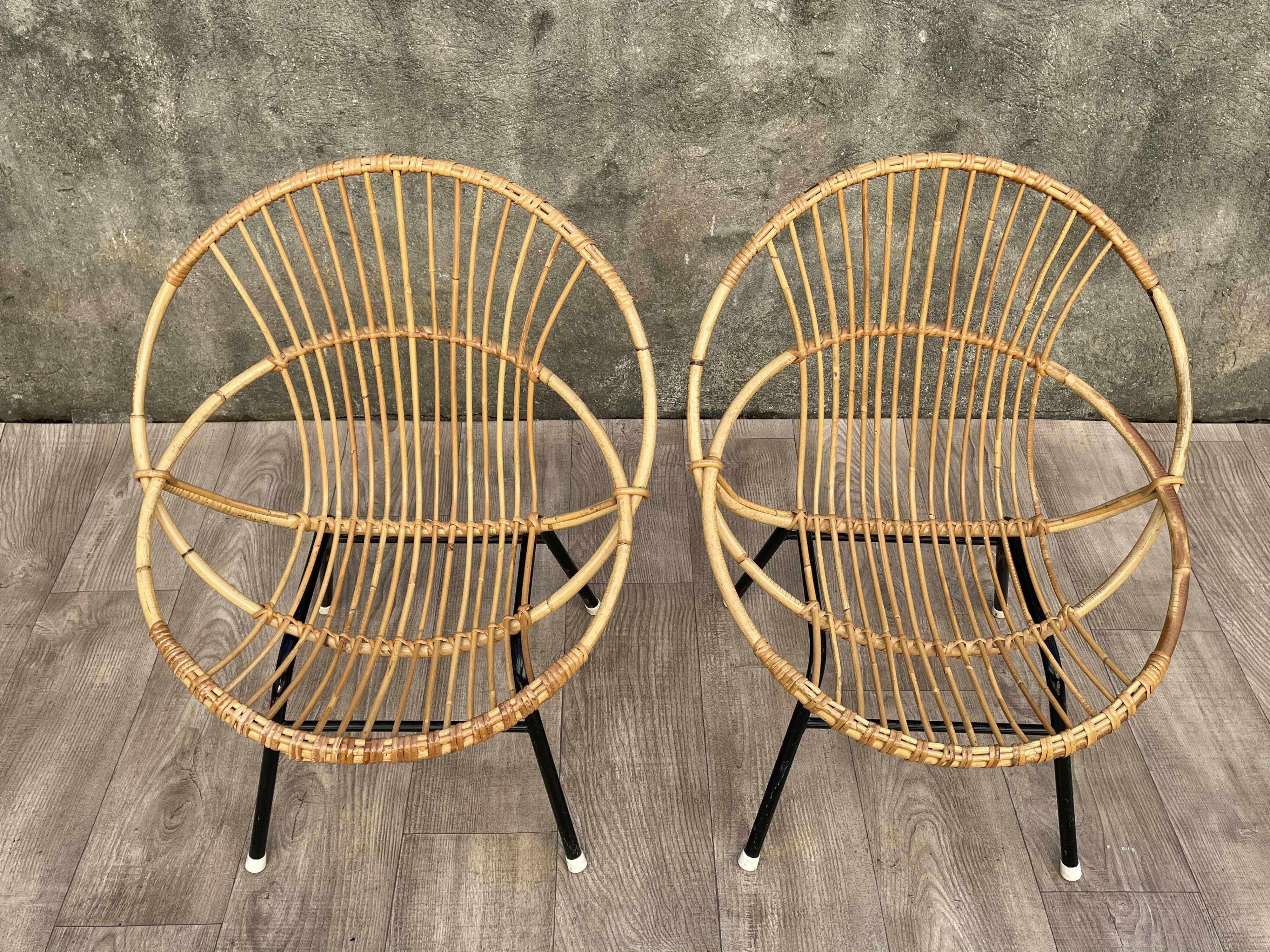 Pair of rattan and metal shell chairs, 1960