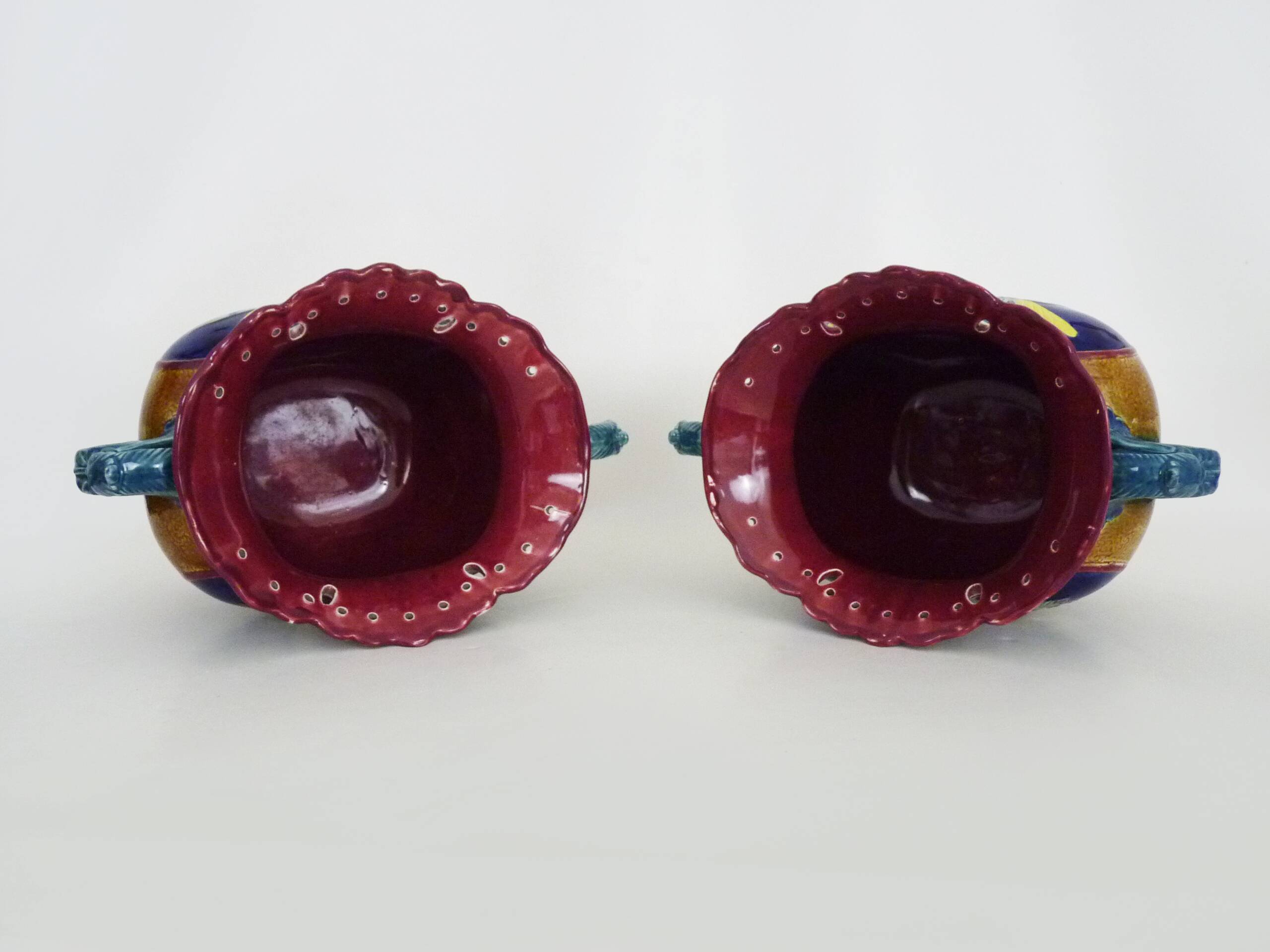 Pair of antique Art Nouveau dragon slip planters