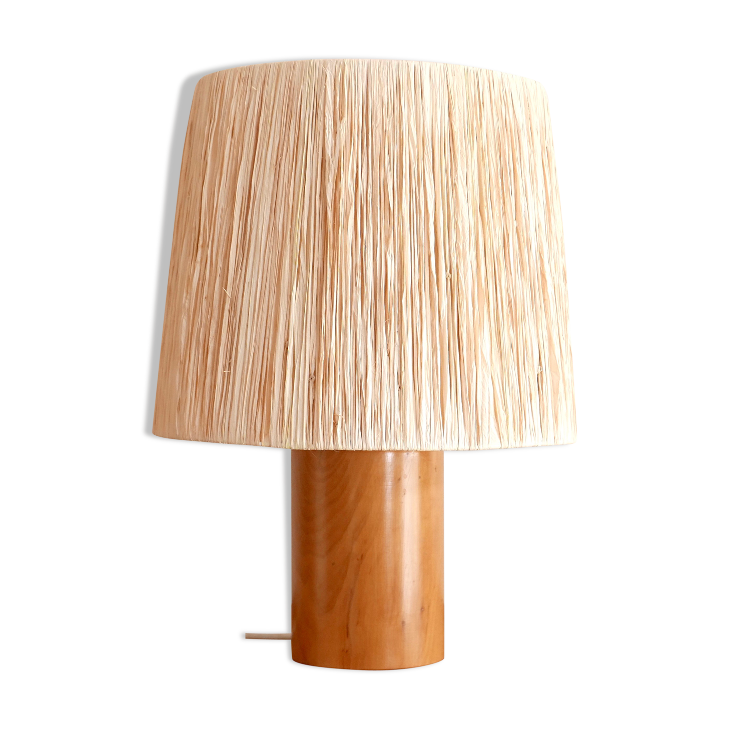 Wooden "cylinder" lamp, raffia lampshade, 70s
