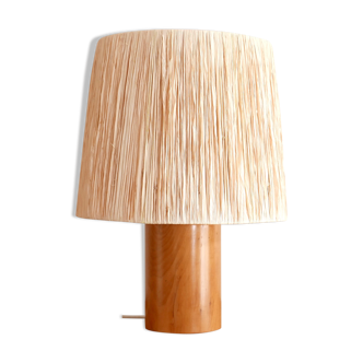 Wooden "cylinder" lamp, raffia lampshade, 70s