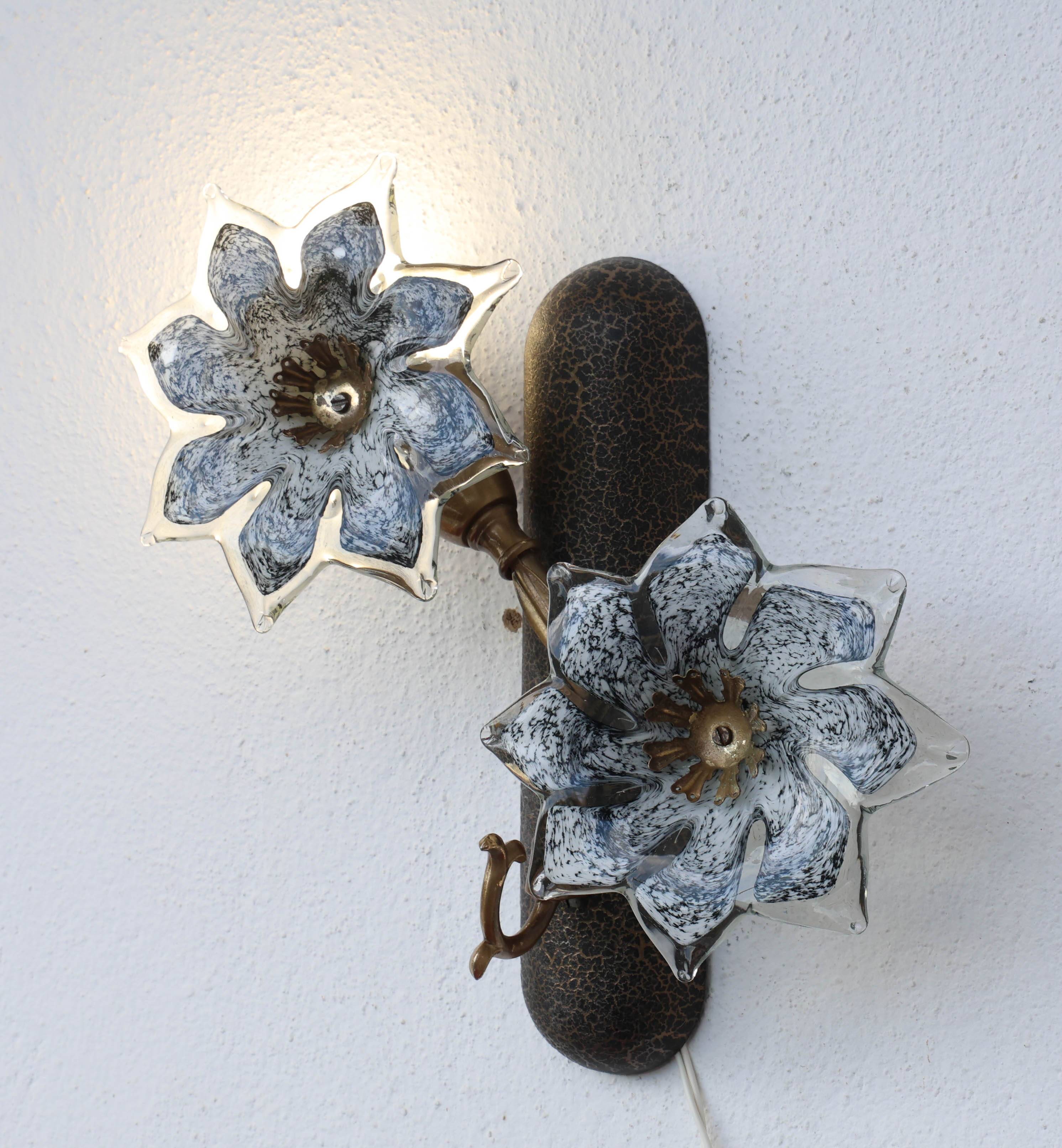Set of 2 Murano Wall Light Black Flowers, 1970s