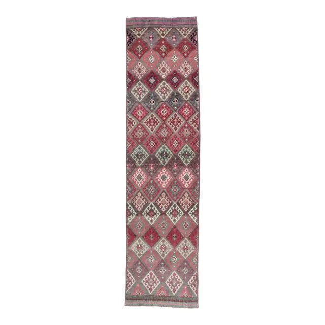 Vintage pink diamond Turkish hand-knotted runner rug 96x345