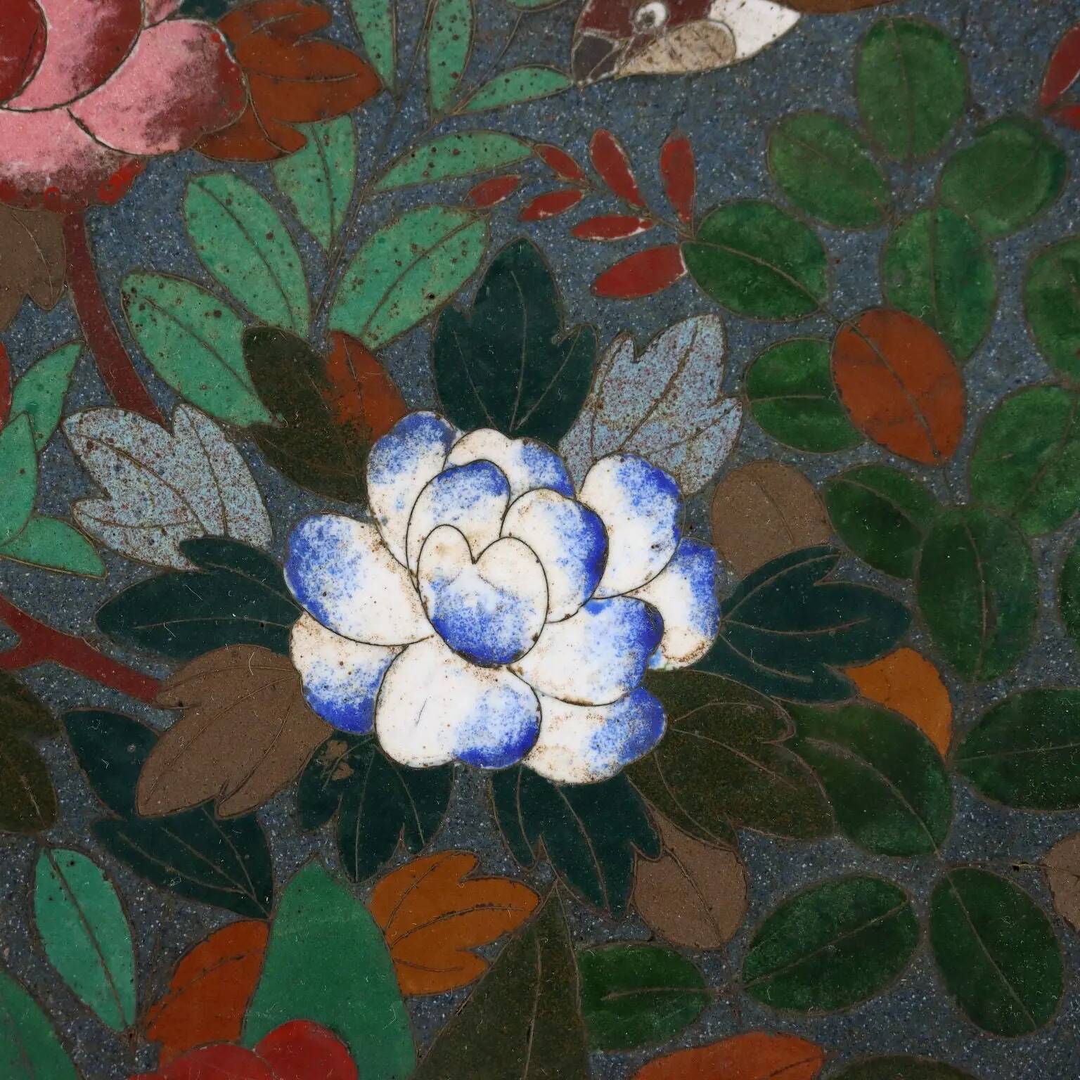 Antique copper plate with cloisonné decorations, Japan, Meiji period