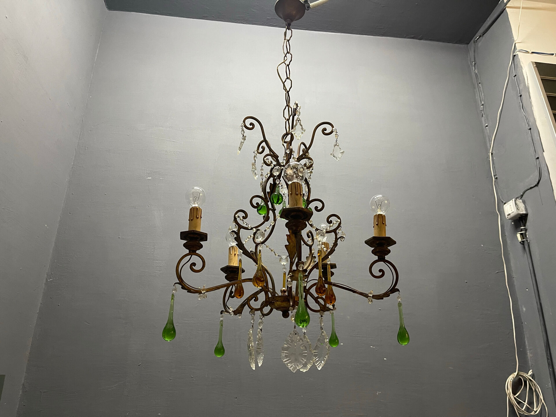 Italian 5-Light Tole Chandelier with Green & Amber Murano Glass Drops,