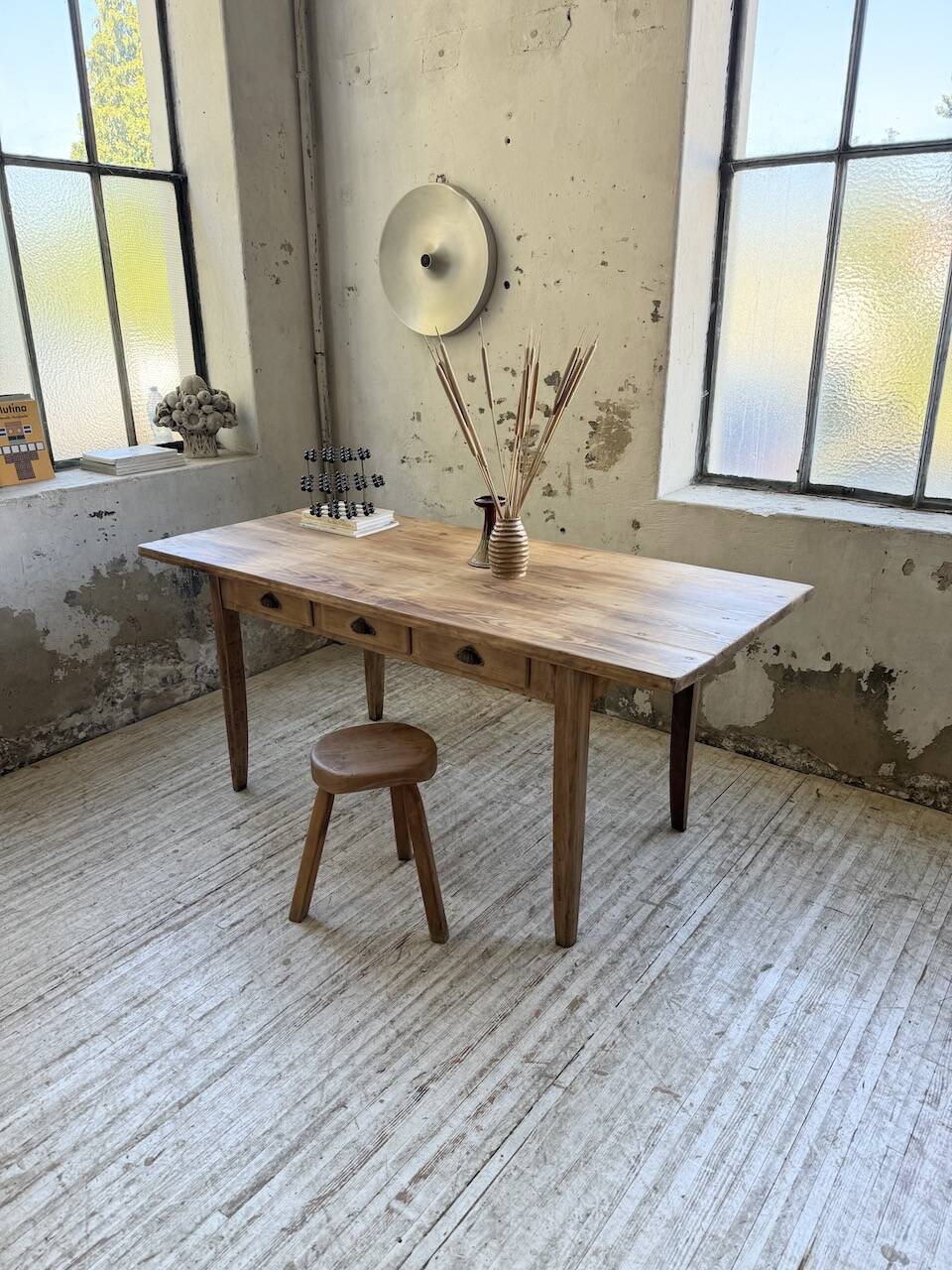 1950s pine and oak farmhouse table with multiple drawers
