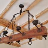 Wood and forged metal chandelier