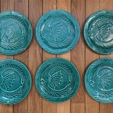 Vallauris - Set of 6 "fish" plates in earthenware and green enamel