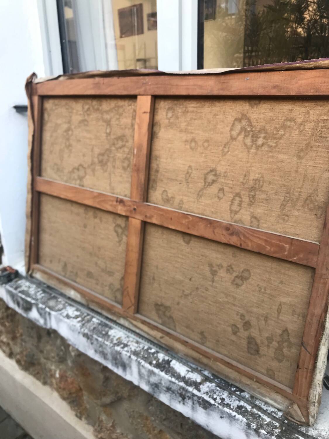 Large old marine oil painting - Sailboats in port.