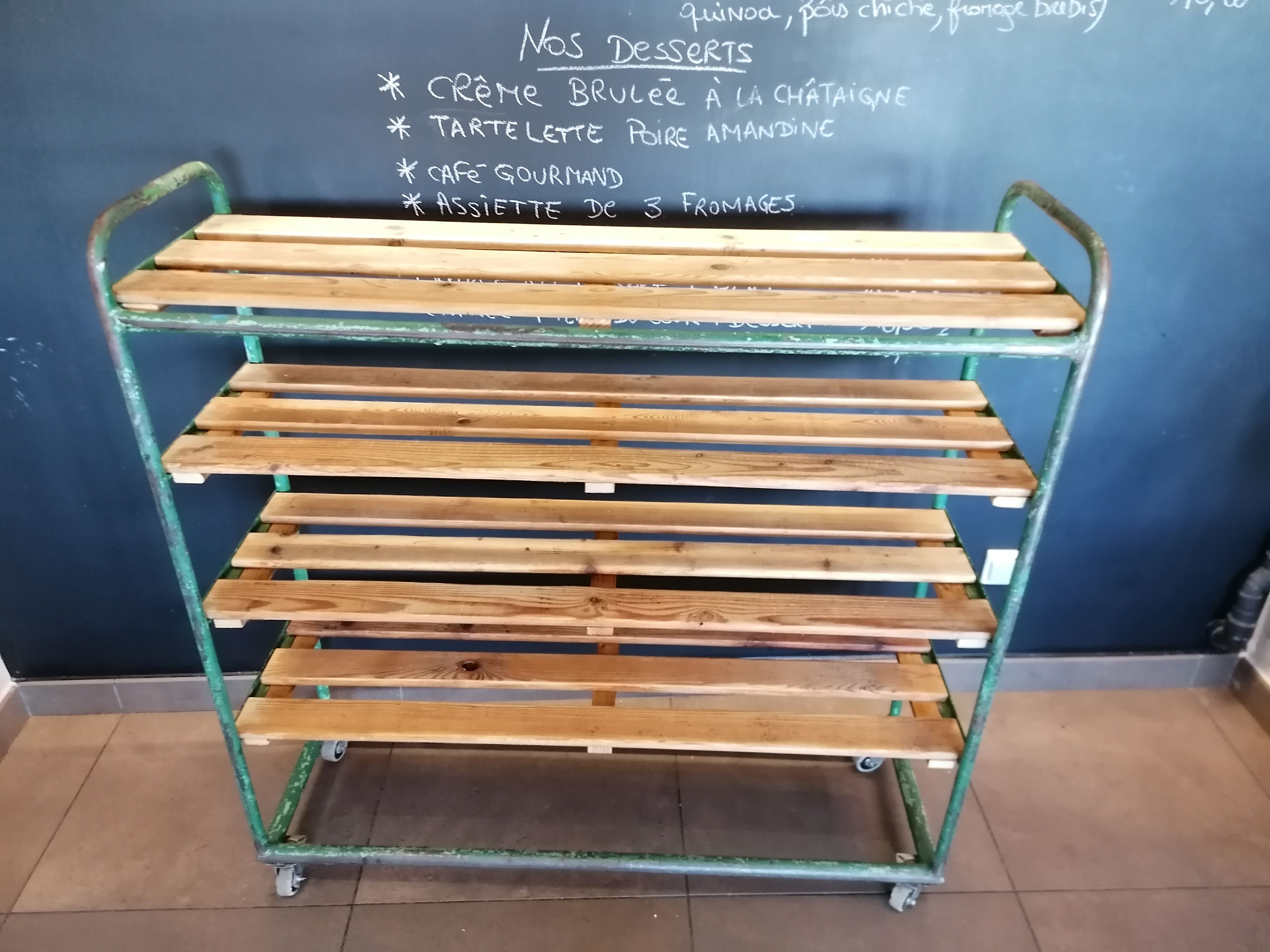 Steel and wooden shelf on wheels