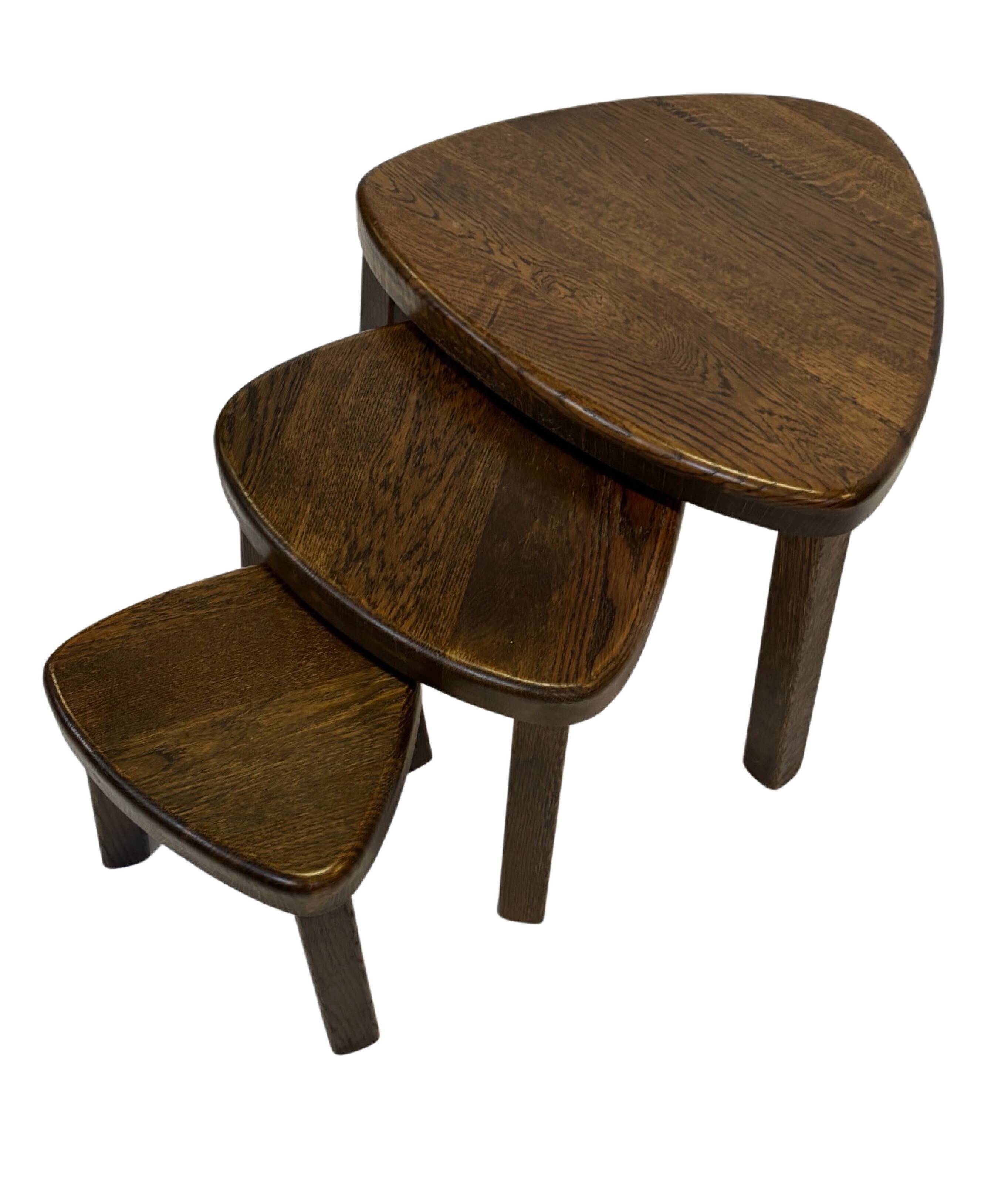 Set of 3 brutalist oak oval side or nesting tables 1970s