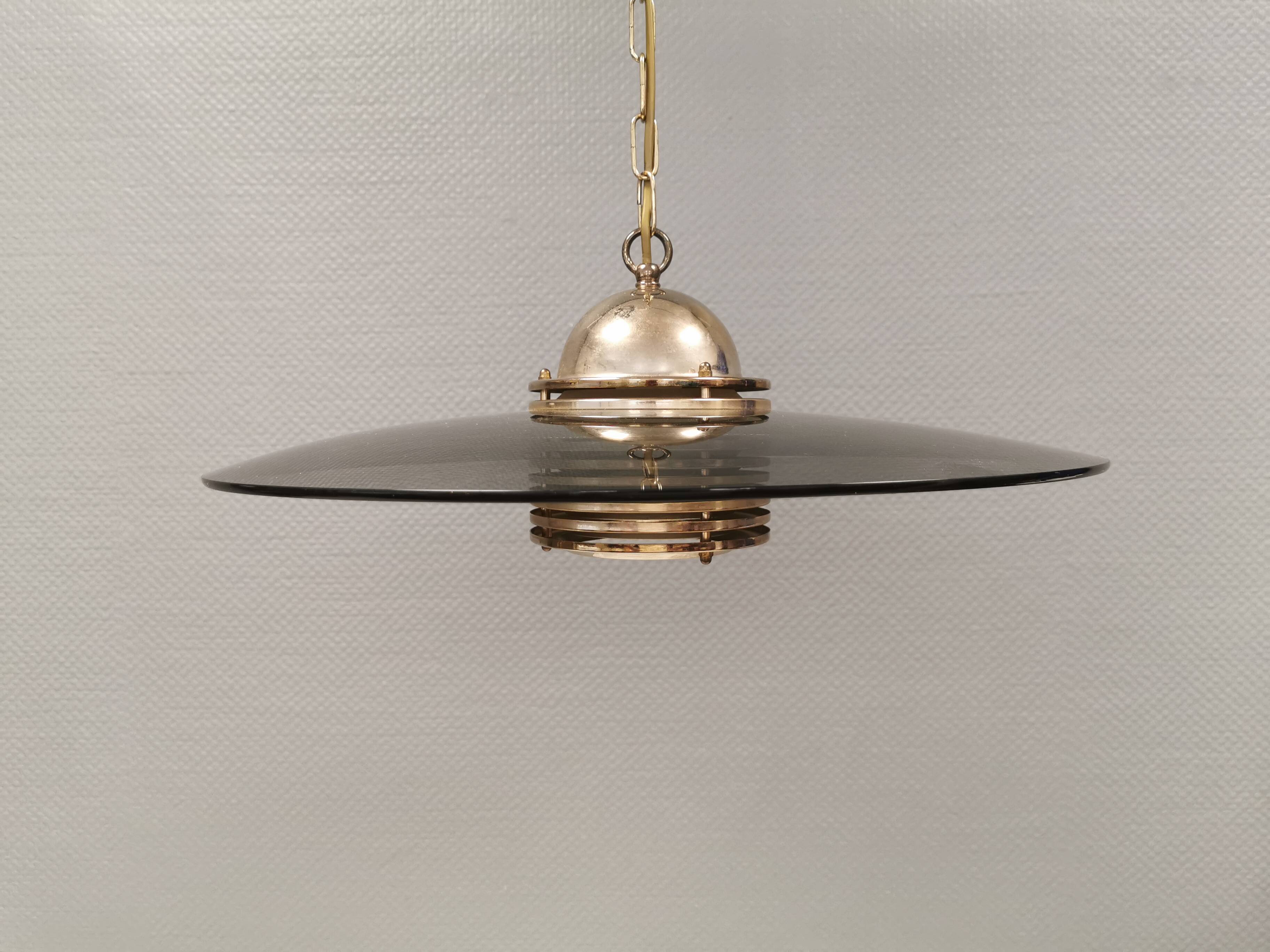 Original Belid T 391 pendant light in gold-coloured metal and smoked glass