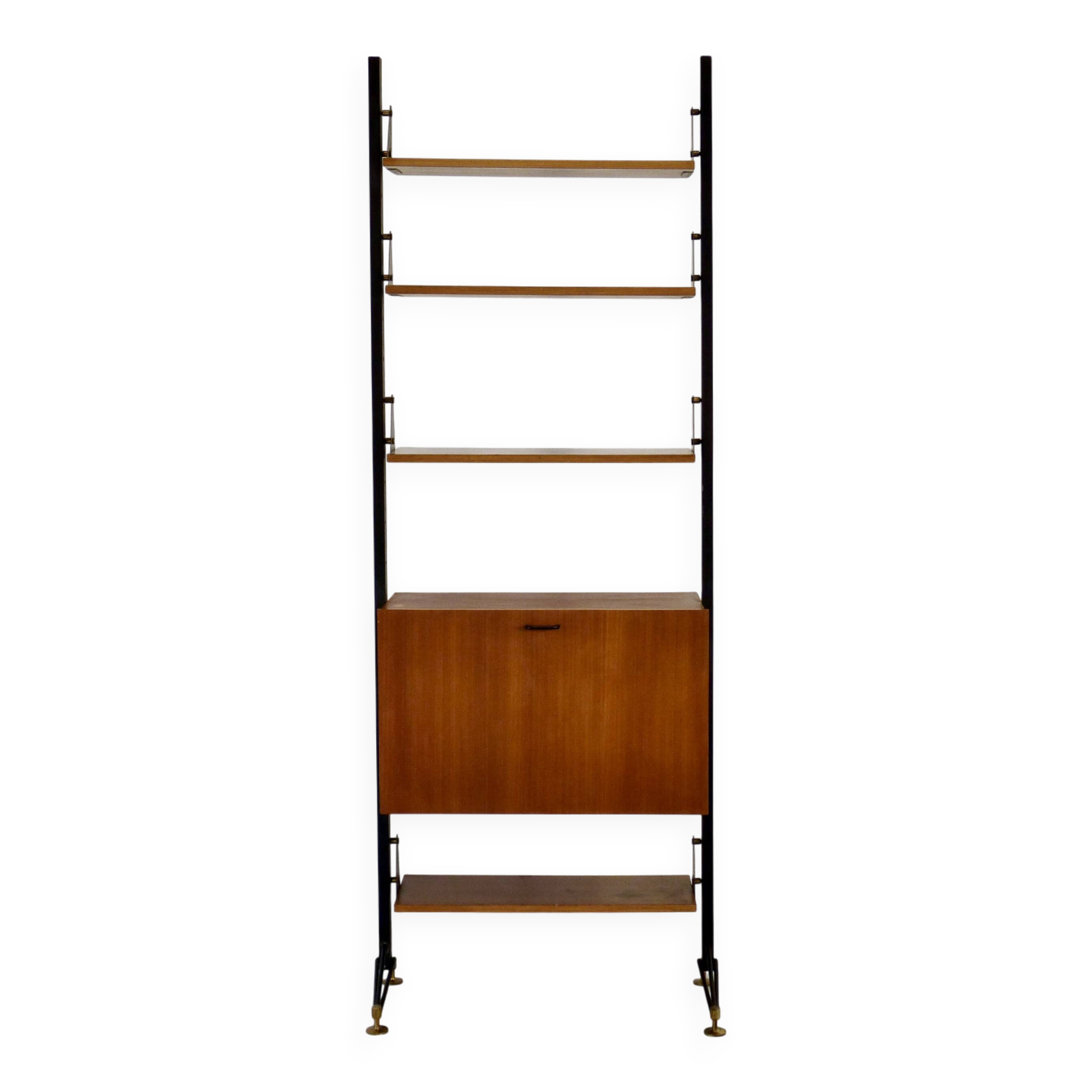 Mid-Century Modern Italian Freestanding Teak and Steel Modular Bookshelf,