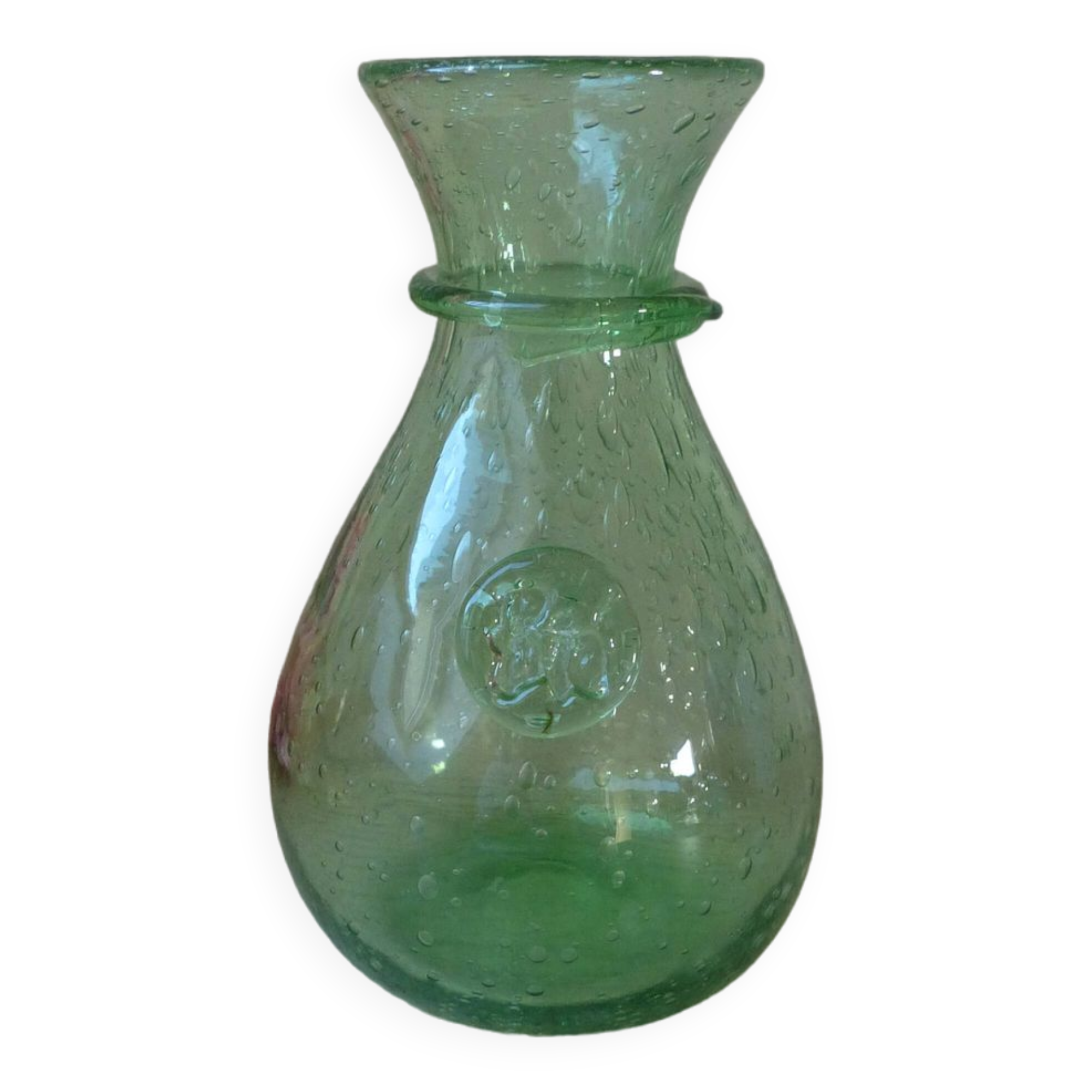 Small carafe in blown and bubble glass green color signed biot vintage
