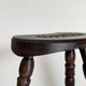 Restored dark wood tripod stool, bobbin leg, elegant furniture.