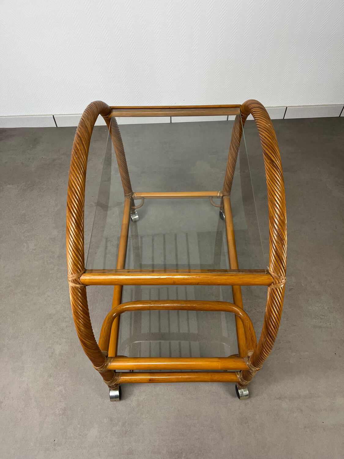 Glass and rattan dessert trolley, bar cart