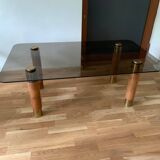 Scandinavian coffee table in brown teak, smoked glass top and brass details, 1960s.