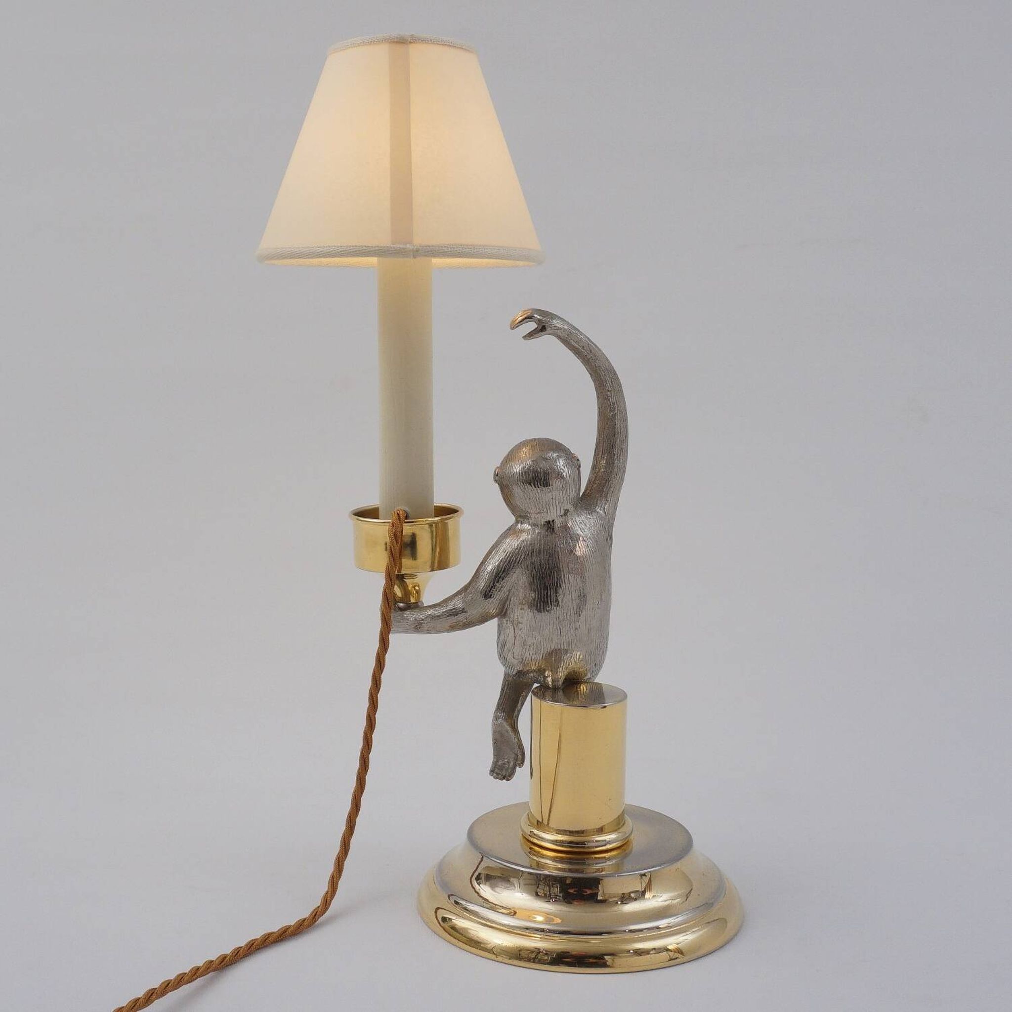 Hauy Pouigo Monkey candlestick table lamp silver plated bronze 1970's Italy