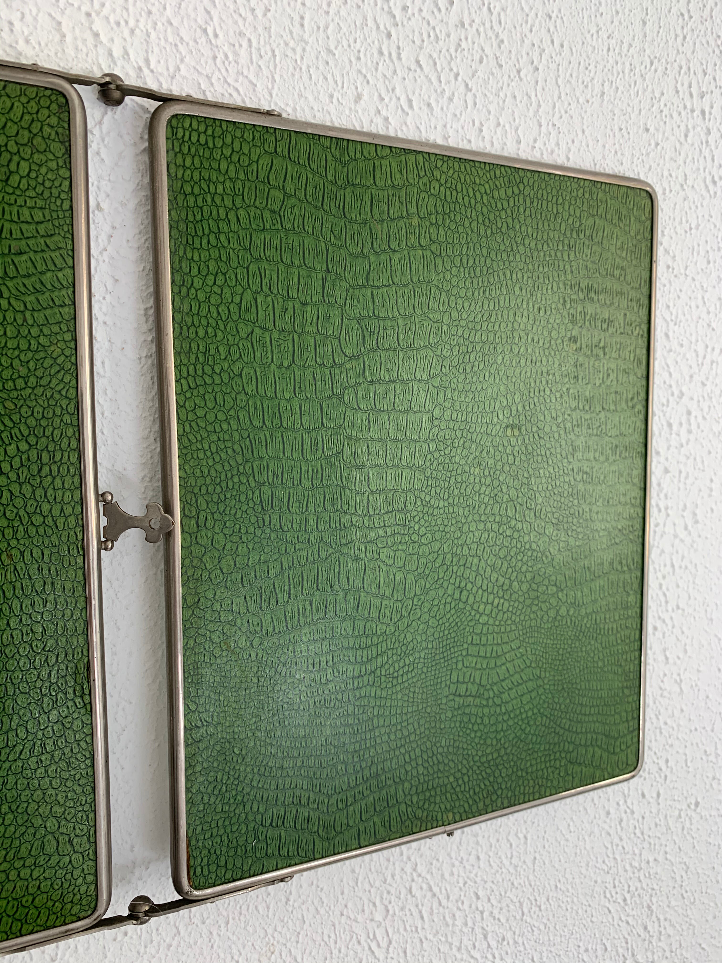 Vintage mirror 1930 triptych barber lime, 30 x 78 cm