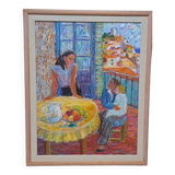 Portrait de deux femmes, peinture à l'huile sur toile, XXe siècle