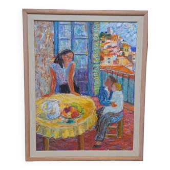 20th century Portrait of Two Women Oil Painting on Canvas