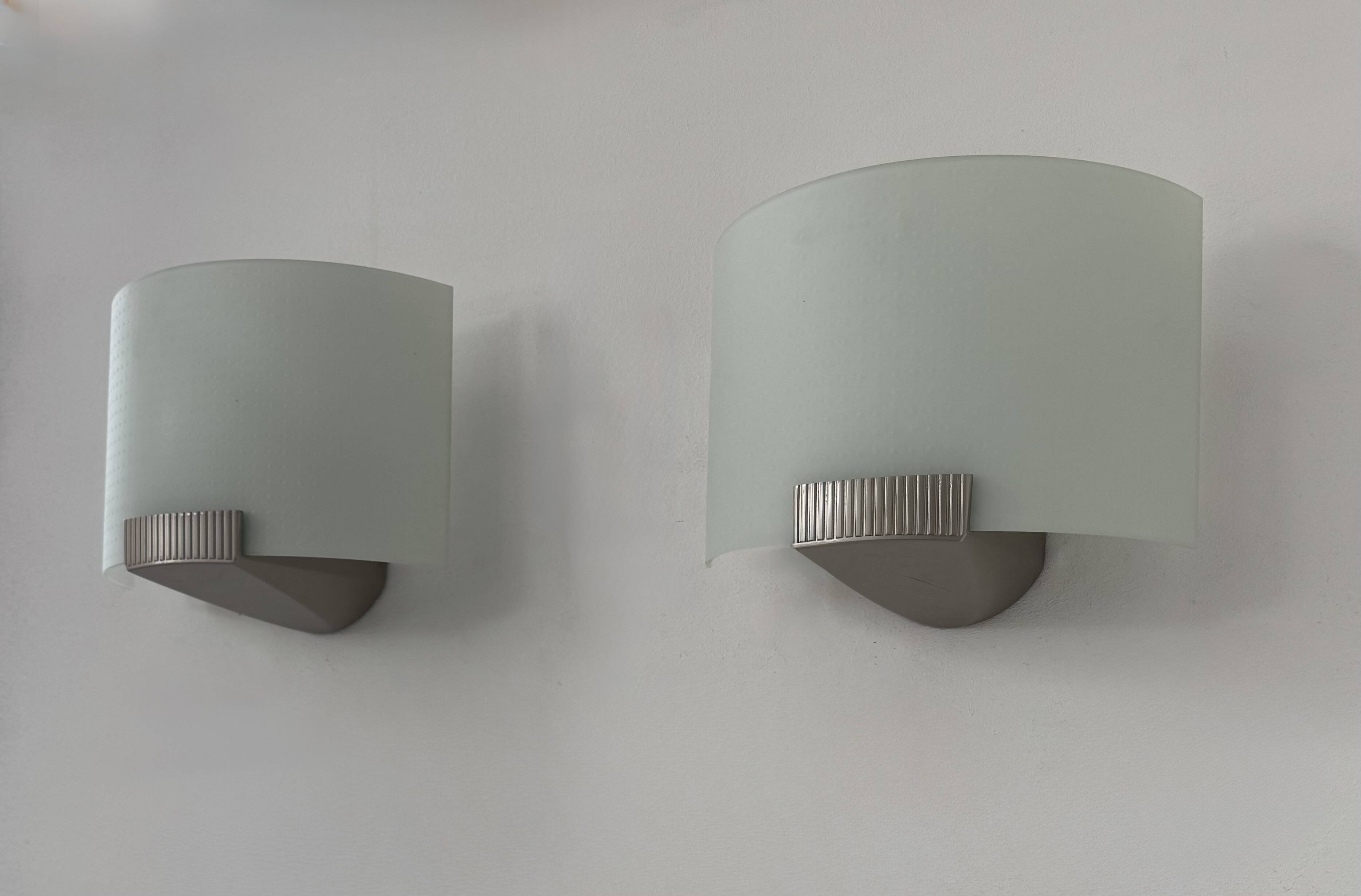 Pair of vintage wall lights, metal and frosted glass, France, 1970