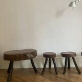 Brutalist wooden table and 3 stools