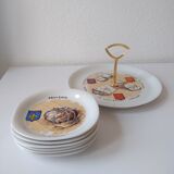 Limoges porcelain cheese service with drawing of regional cheeses and coats of arms 1 tray and 6 plates