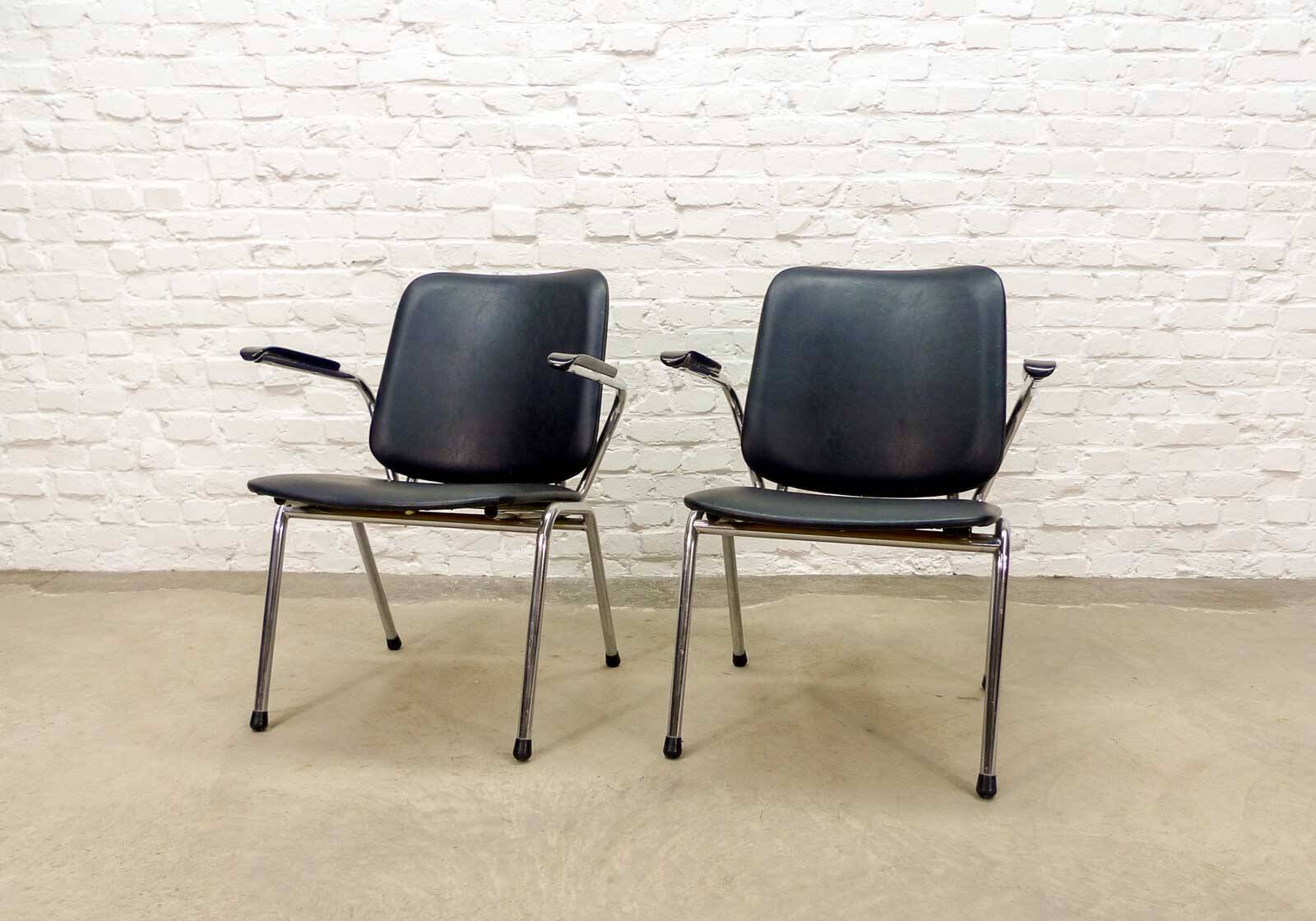 Black Leatherette Dutch Design Gispen Armchairs by Martin de Wit, 1960s.