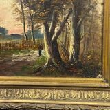 Painting Barbizon School animated path twilight wooden frame gilded stucco late 19th century