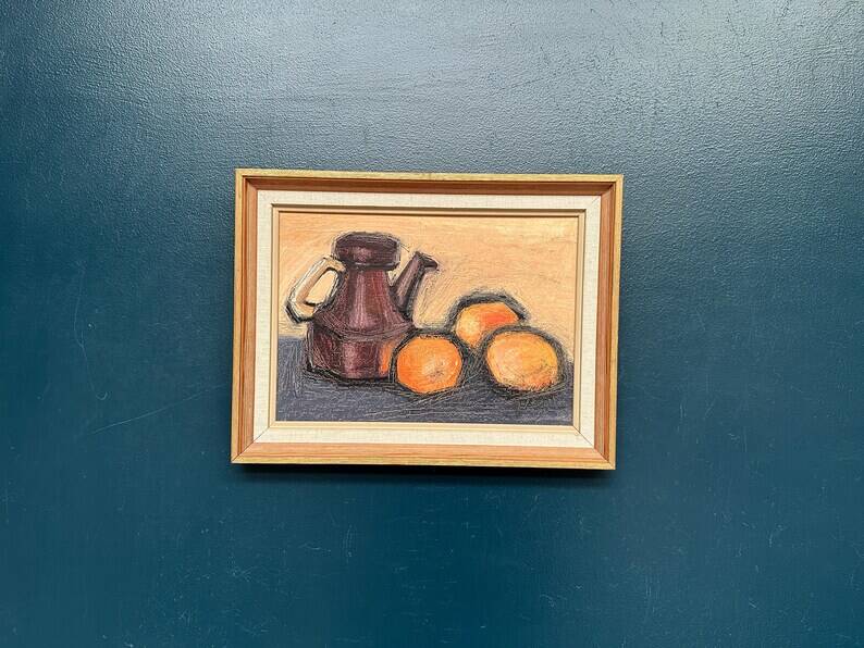 Original Swedish Oil on Panel – "Kattle and Oranges" by Herald – Signed – Dated 1966 – Framed Vintage Piece