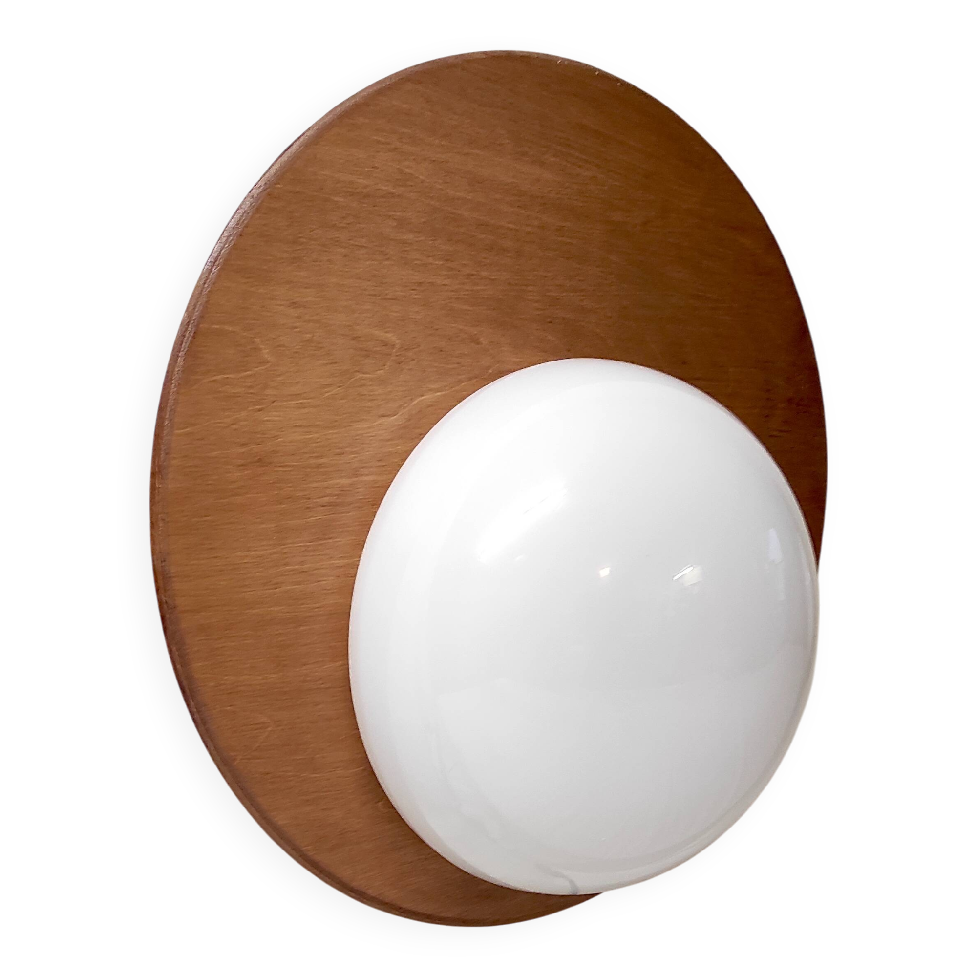 Designer wall lights in wood and opaline globe - mid-20th century
