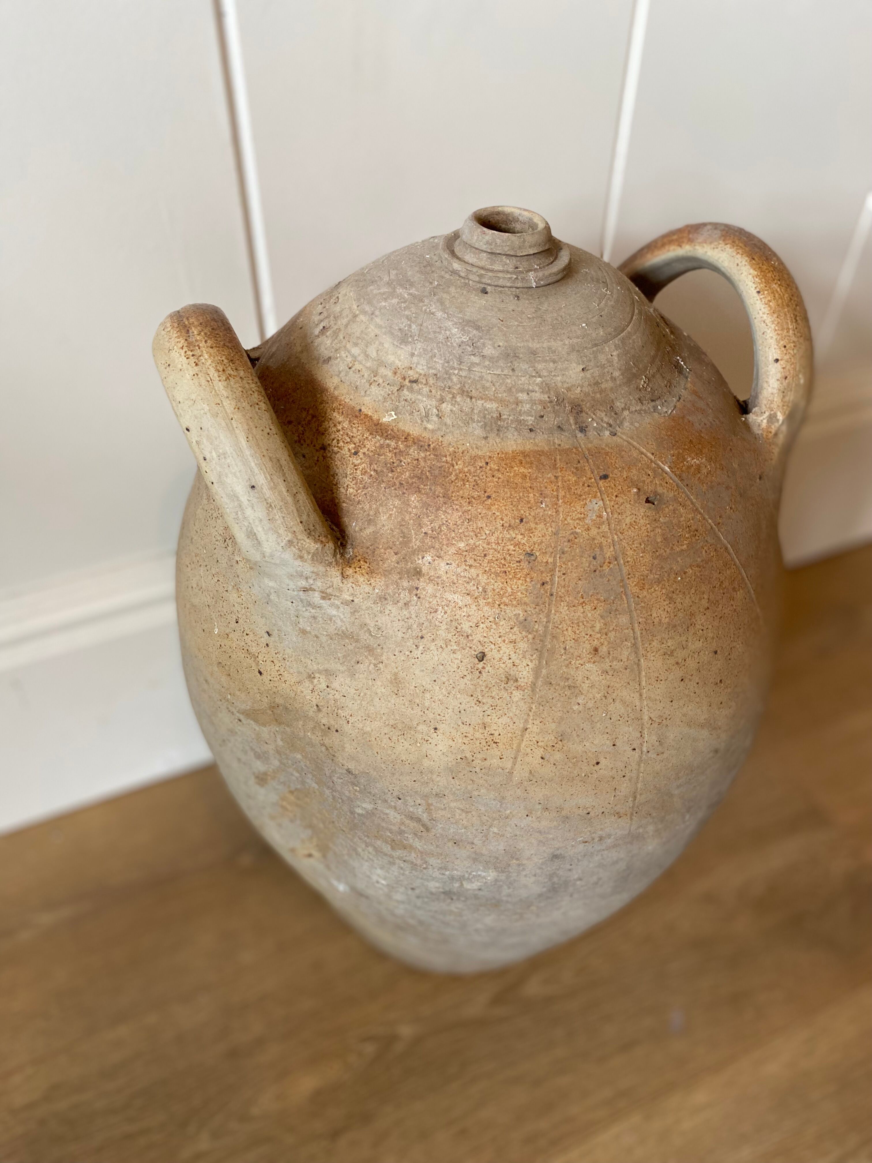 Antique french country rustic walnut oil storage jar