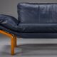 Danish teak and navy blue leather 2-seater sofa from Komfort, 1970s