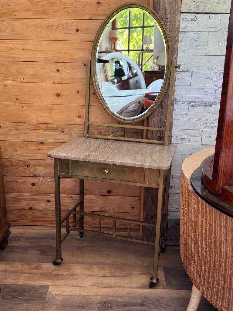 Vintage French Art Deco vanity table in brass and marble, 1940s