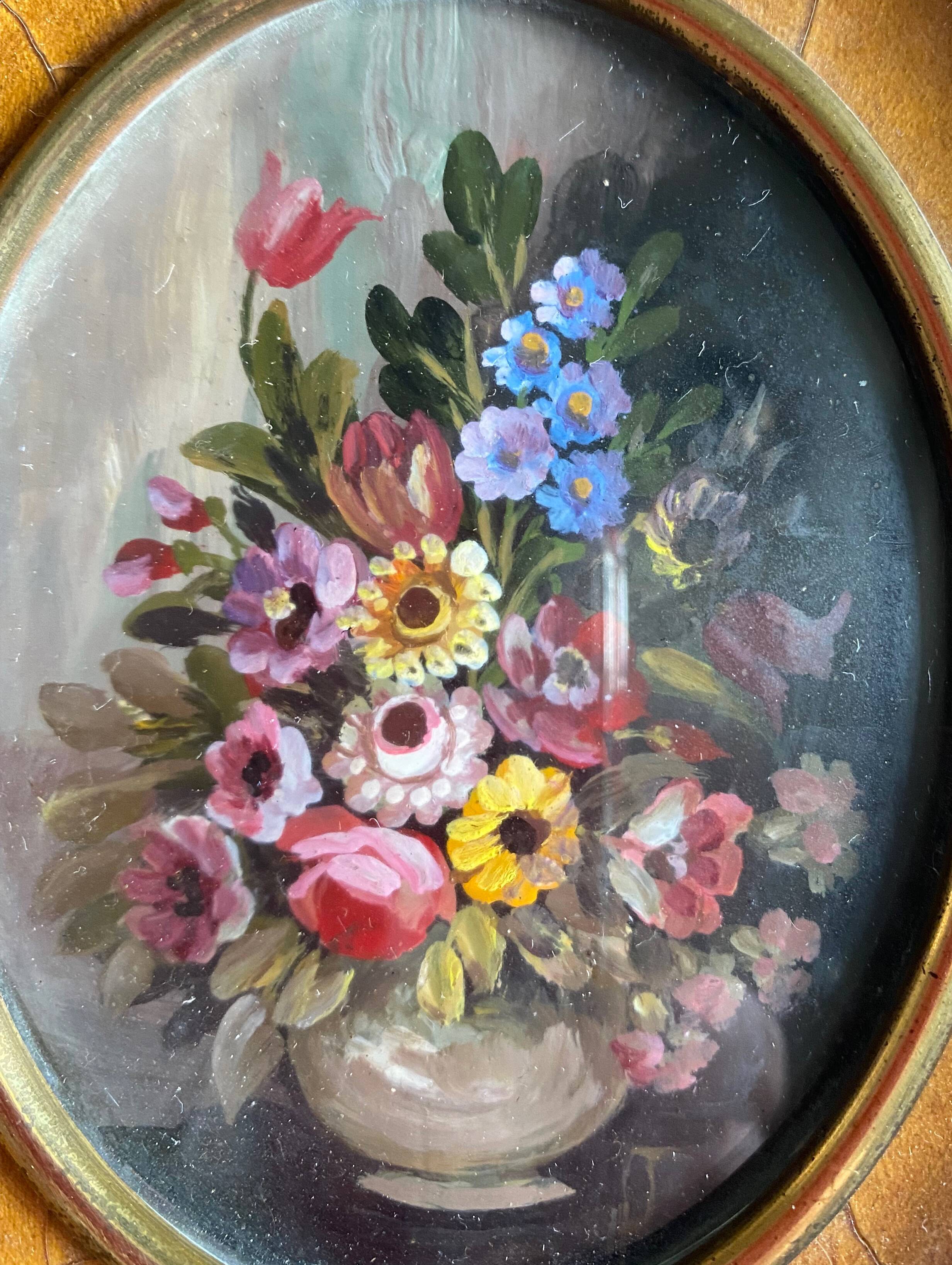 Old painting "bouquet of flowers" with oval frame and glass